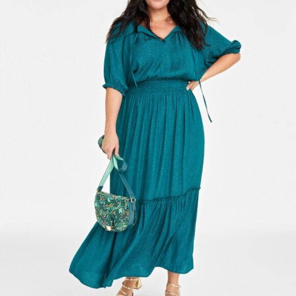 On 34th Plus Size Elbow-Sleeve Tiered Maxi Dress in Dark Forest Green - Picture 1 of 9